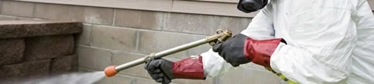 Pest control technician applying exterior insect treatment along a home foundation in Chicago, IL