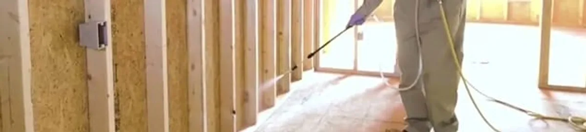 Termite treatment technician applying spray along framing and unfinished walls in Chicago, IL