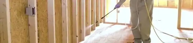 Termite treatment technician applying spray along framing and unfinished walls in Chicago, IL