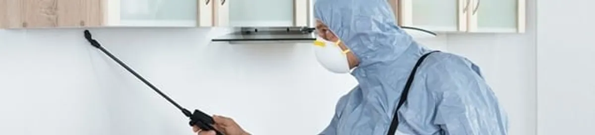 Termite treatment technician applying indoor pest control spray in Chicago, IL